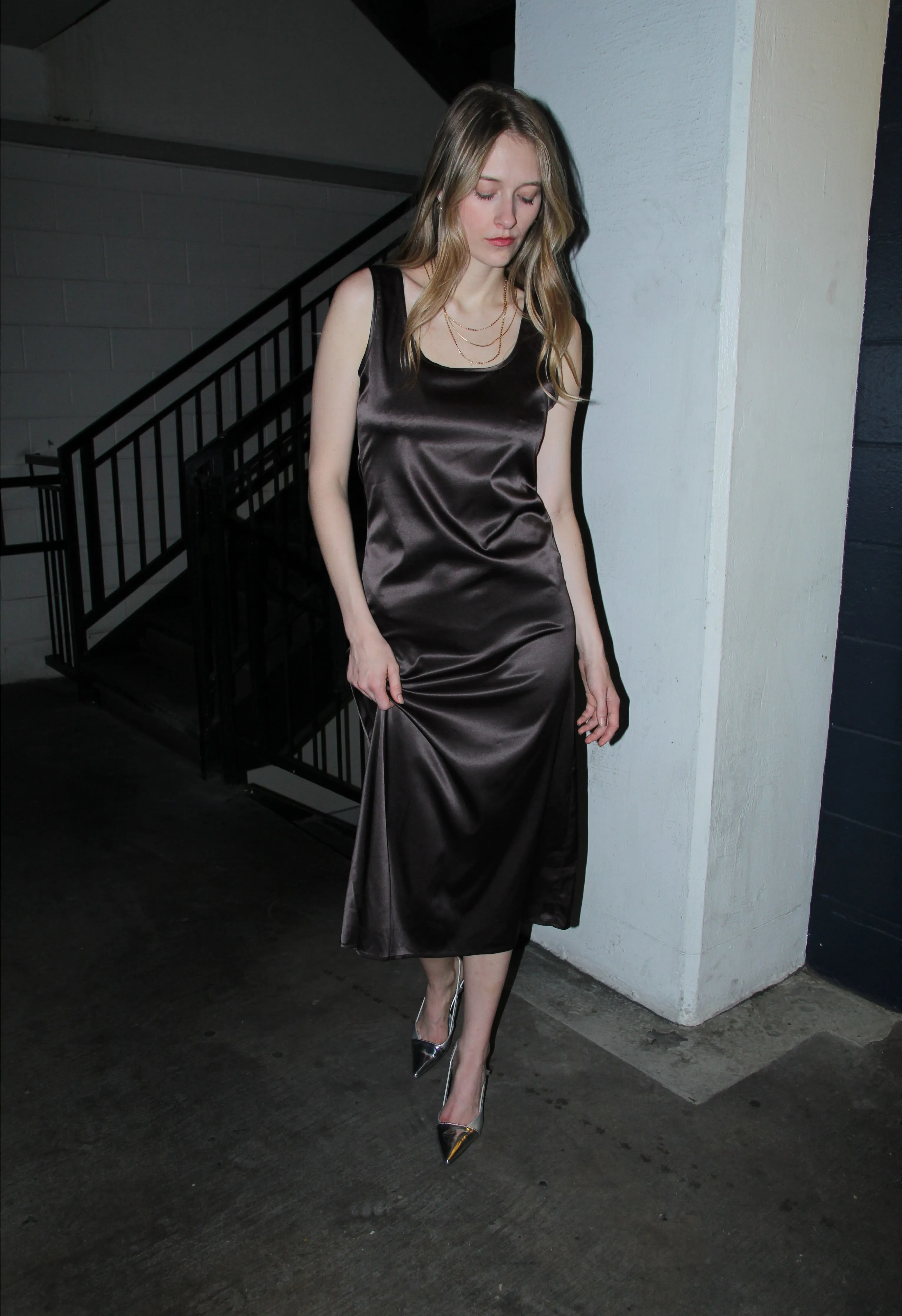 Brown Draped Satin Dress