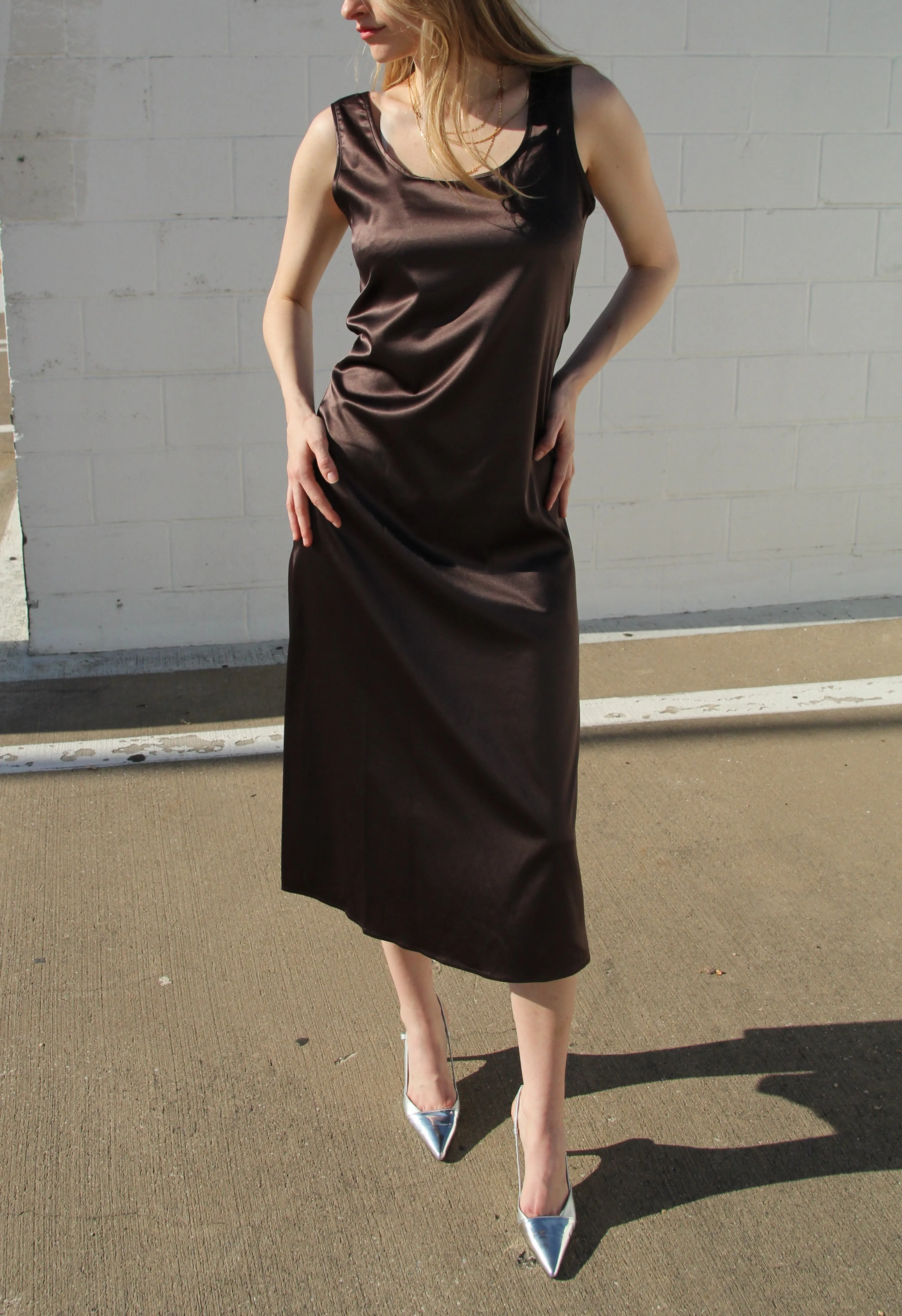Brown Draped Satin Dress