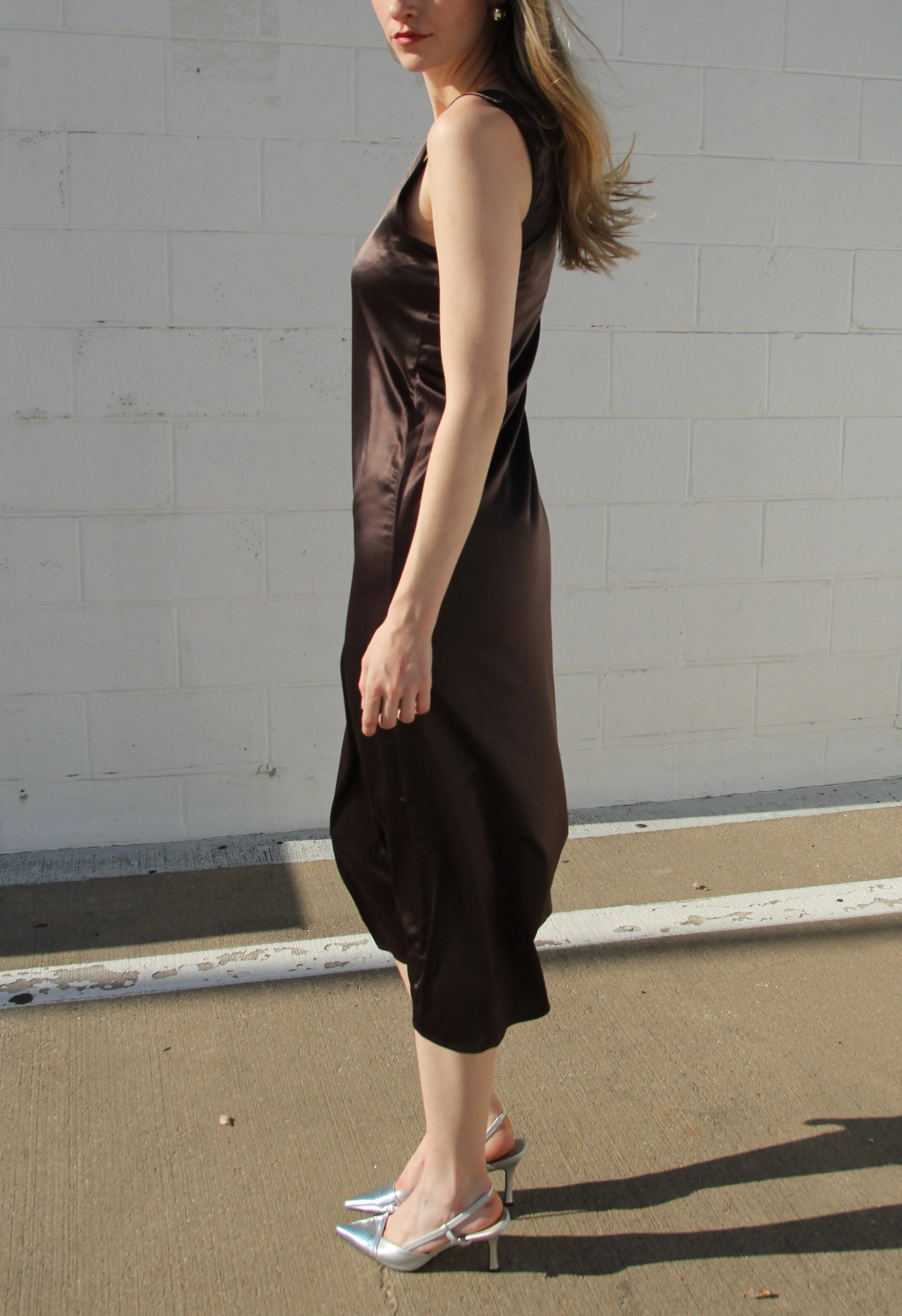 Brown Draped Satin Dress
