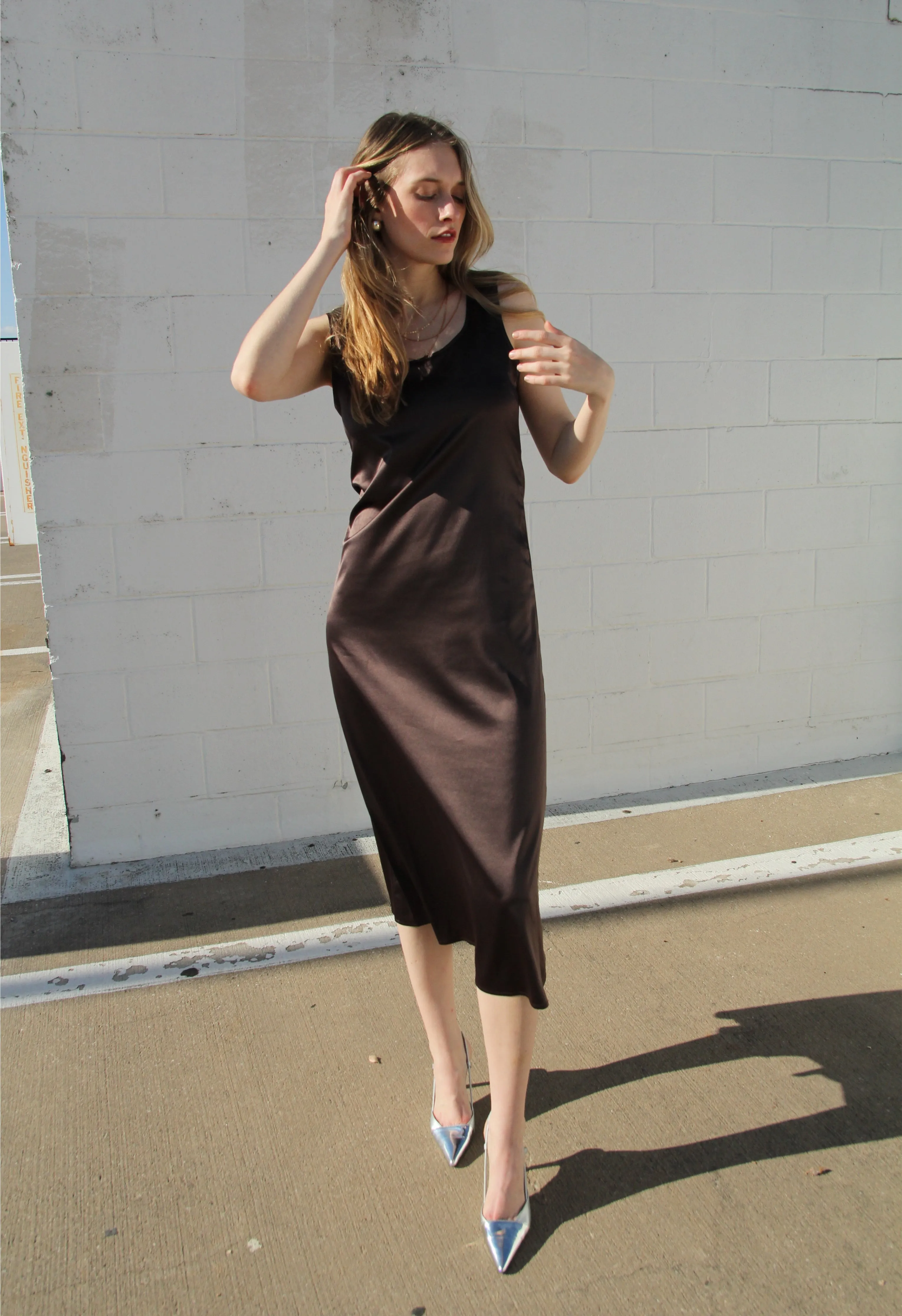 Brown Draped Satin Dress