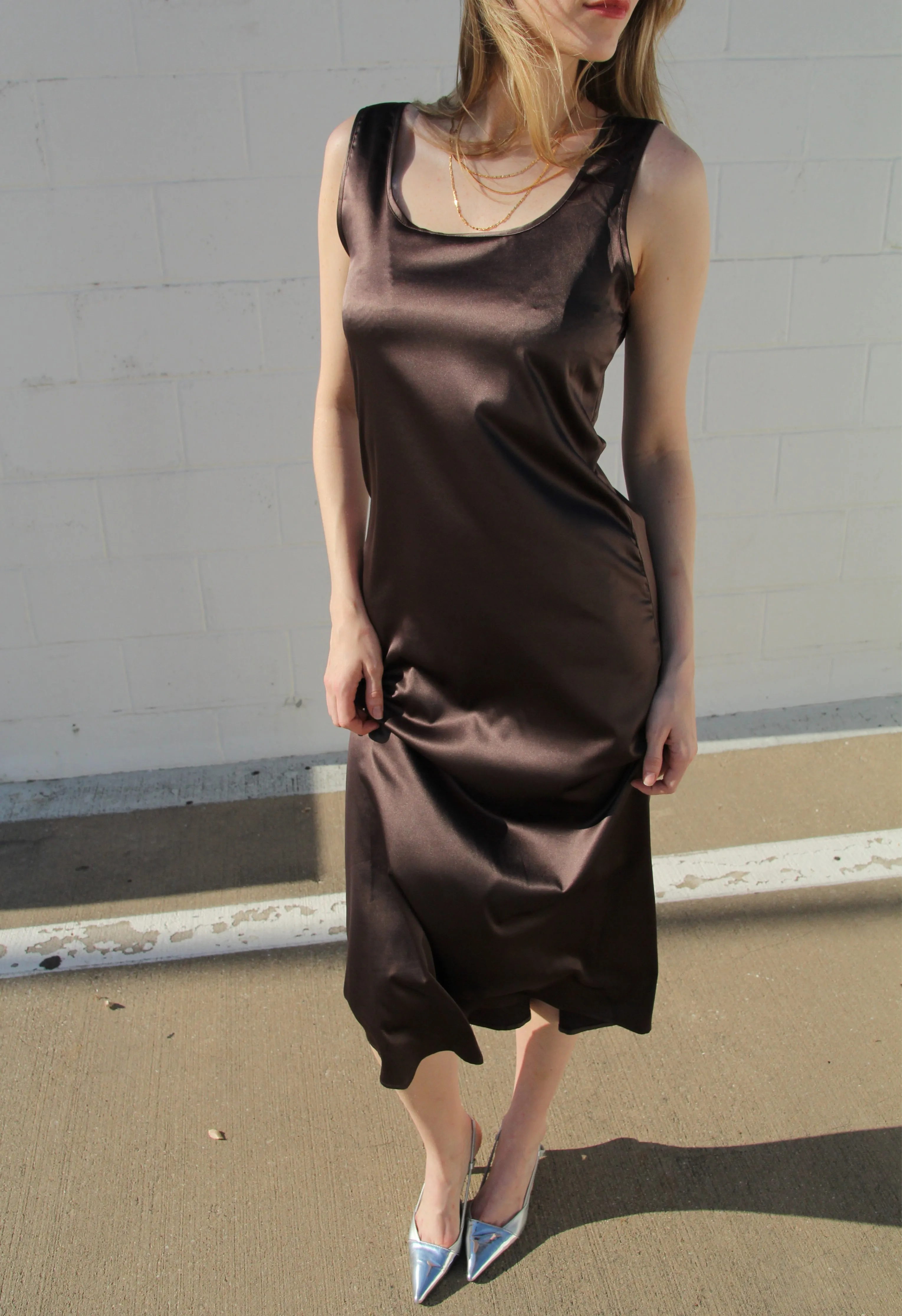 Brown Draped Satin Dress