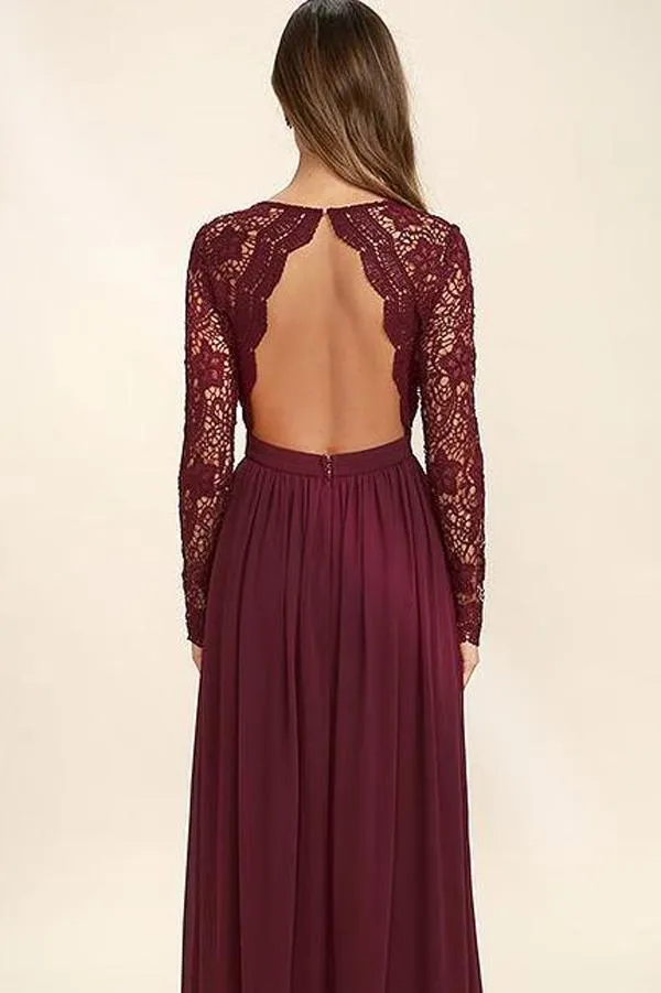 Burgundy Fashion V neck Long Sleeves Bridesmaid Dresses, Wedding Party Dress, MB111