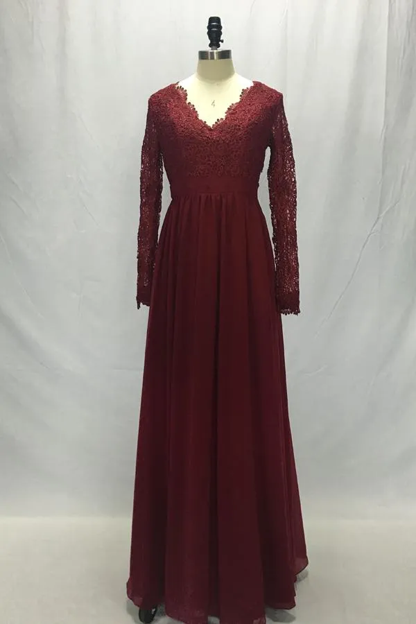 Burgundy Fashion V neck Long Sleeves Bridesmaid Dresses, Wedding Party Dress, MB111