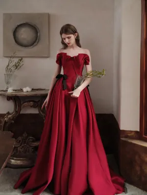 Burgundy satin long prom dress, burgundy evening dress