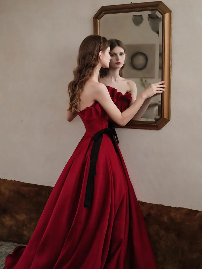 Burgundy satin long prom dress, burgundy evening dress