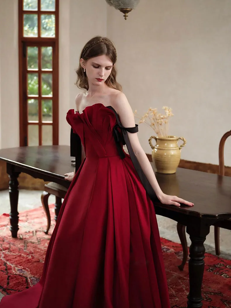 Burgundy satin long prom dress, burgundy evening dress