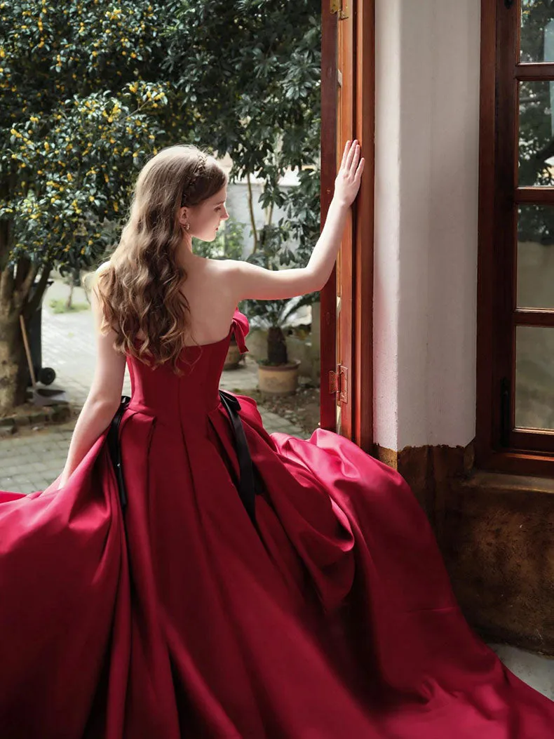 Burgundy satin long prom dress, burgundy evening dress