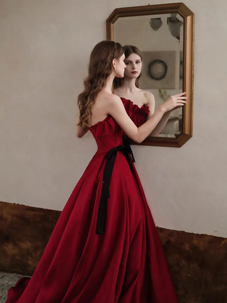 Burgundy satin long prom dress, burgundy evening dress