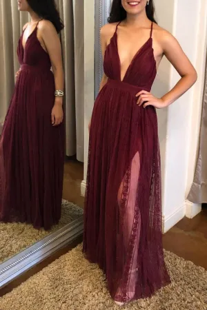 Burgundy v neck tulle lace long prom dress, tulle evening dress