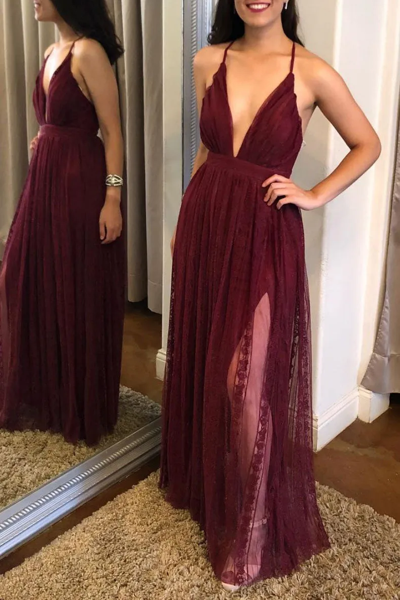 Burgundy v neck tulle lace long prom dress, tulle evening dress