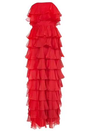 c.1977 Valentino Strapless Silk Chiffon Red Ruffle Full Length Dress