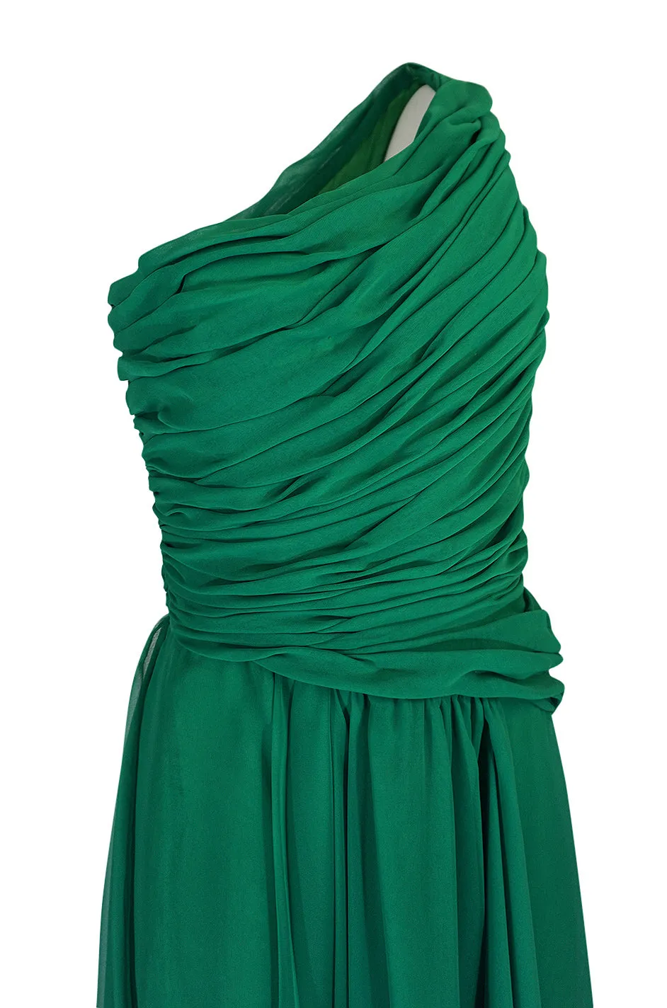 c.1984 Arnold Scaasi One Shoulder Green Draped Chiffon Dress