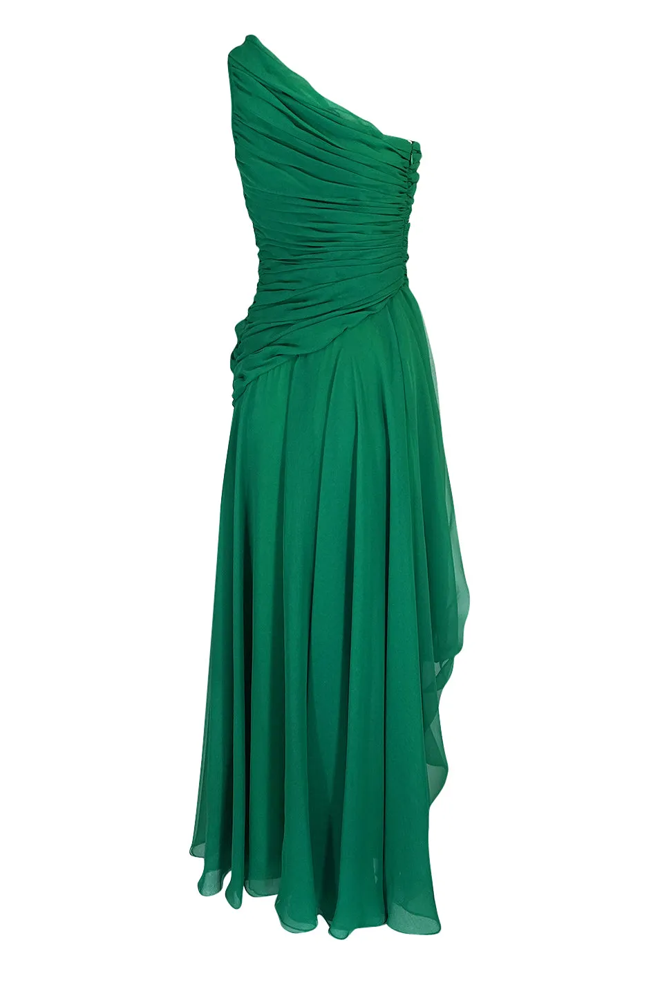 c.1984 Arnold Scaasi One Shoulder Green Draped Chiffon Dress
