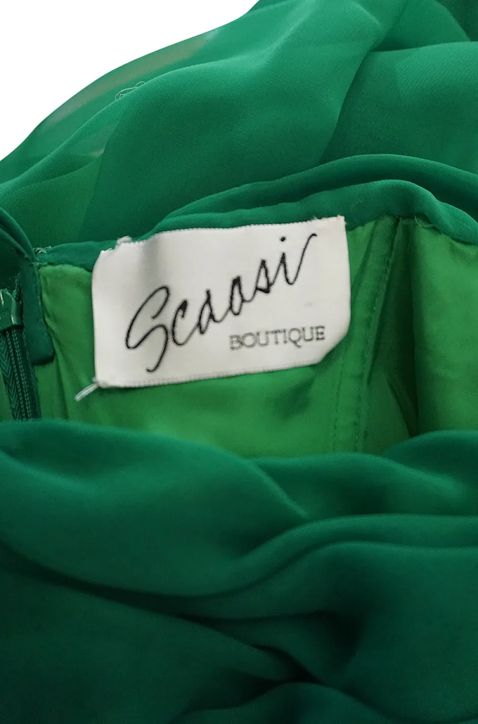 c.1984 Arnold Scaasi One Shoulder Green Draped Chiffon Dress