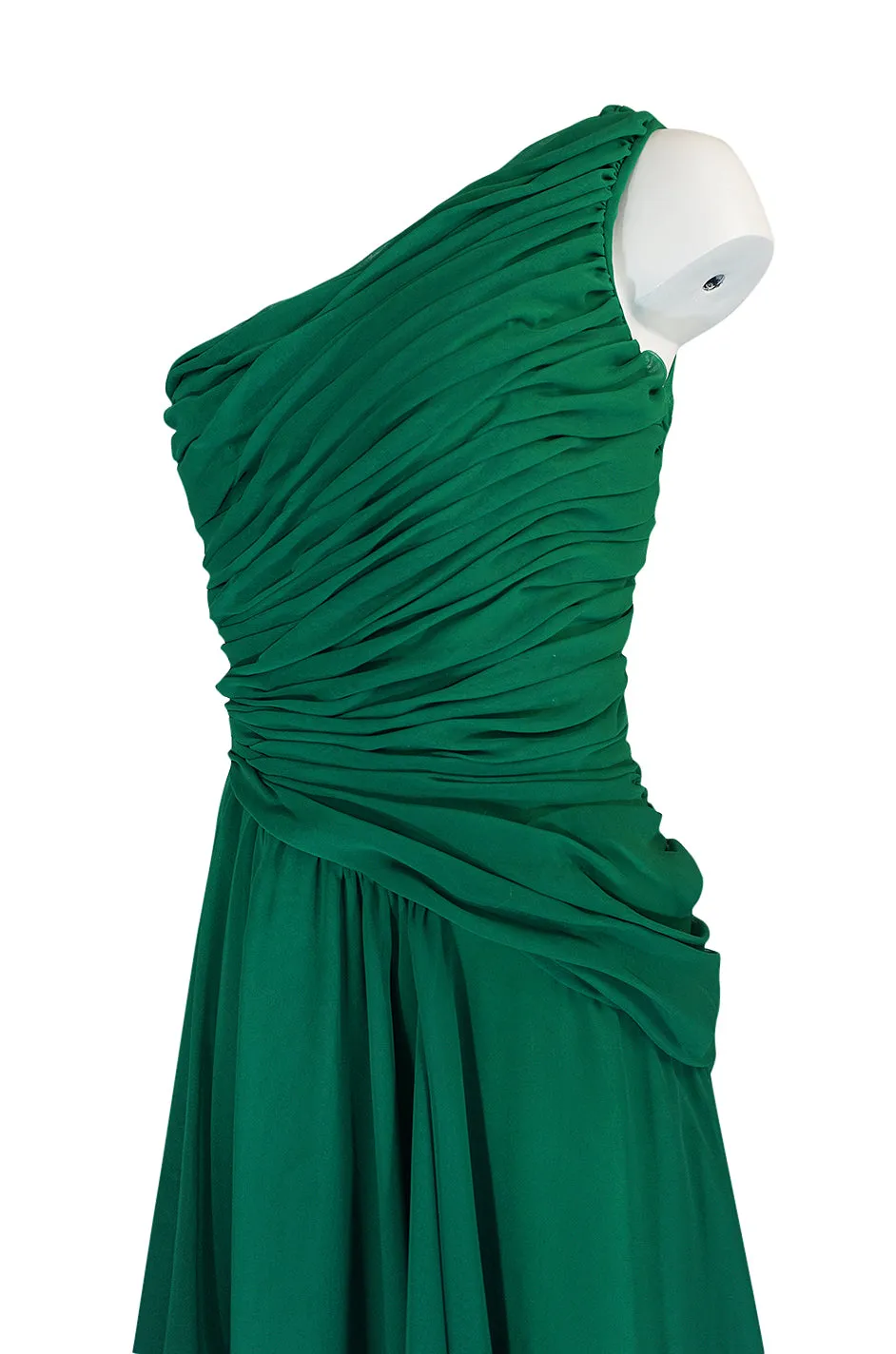 c.1984 Arnold Scaasi One Shoulder Green Draped Chiffon Dress