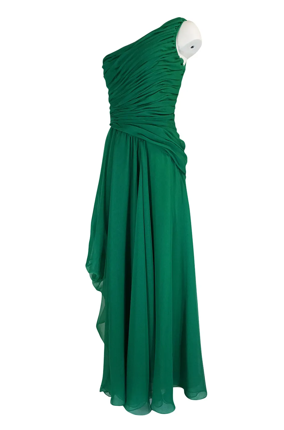 c.1984 Arnold Scaasi One Shoulder Green Draped Chiffon Dress