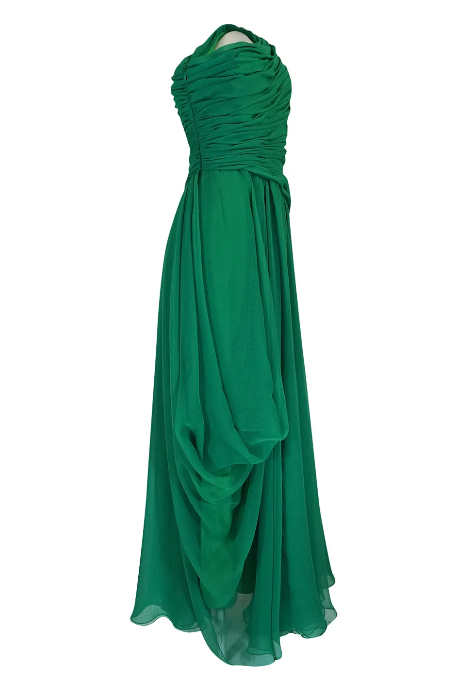 c.1984 Arnold Scaasi One Shoulder Green Draped Chiffon Dress