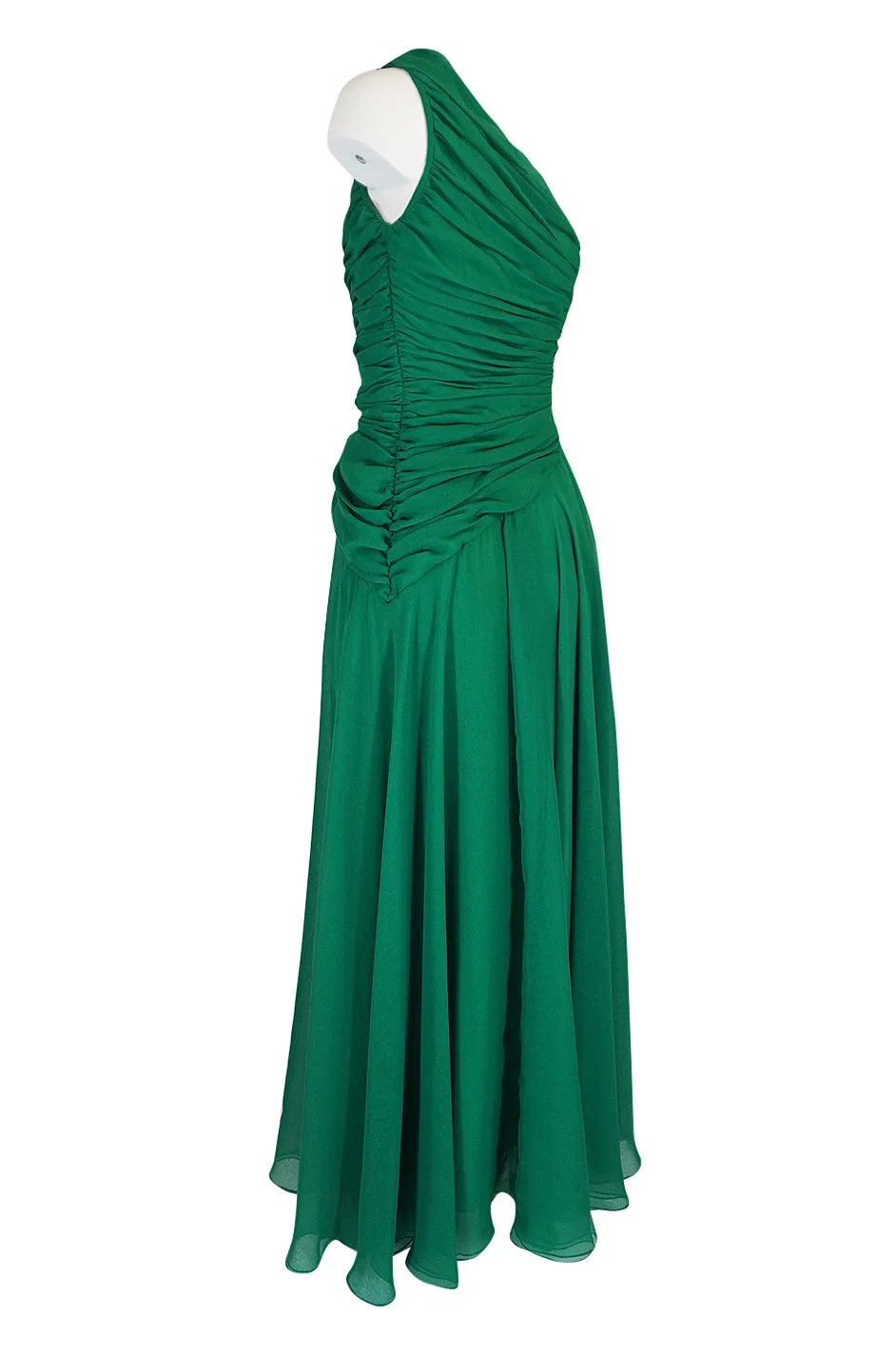 c.1984 Arnold Scaasi One Shoulder Green Draped Chiffon Dress
