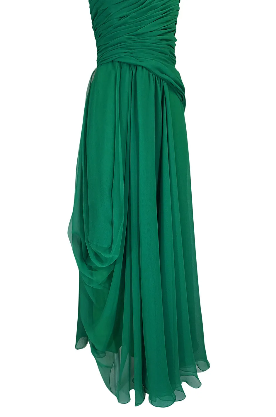 c.1984 Arnold Scaasi One Shoulder Green Draped Chiffon Dress