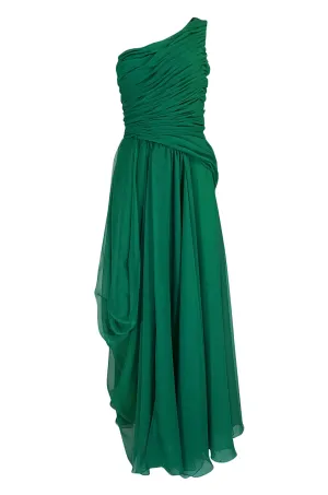 c.1984 Arnold Scaasi One Shoulder Green Draped Chiffon Dress
