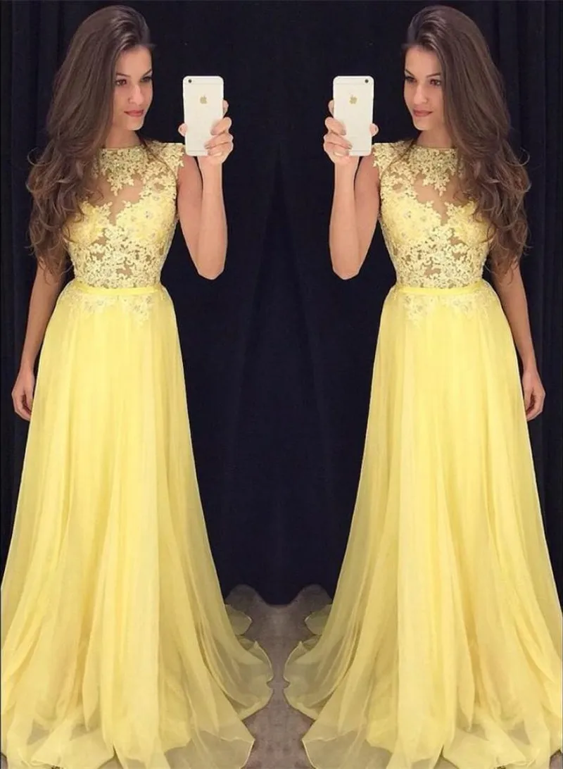 cap sleeve yellow prom dresses long chiffon lace appliqué beaded cheap prom gowns 2020 vested de Longo de festa