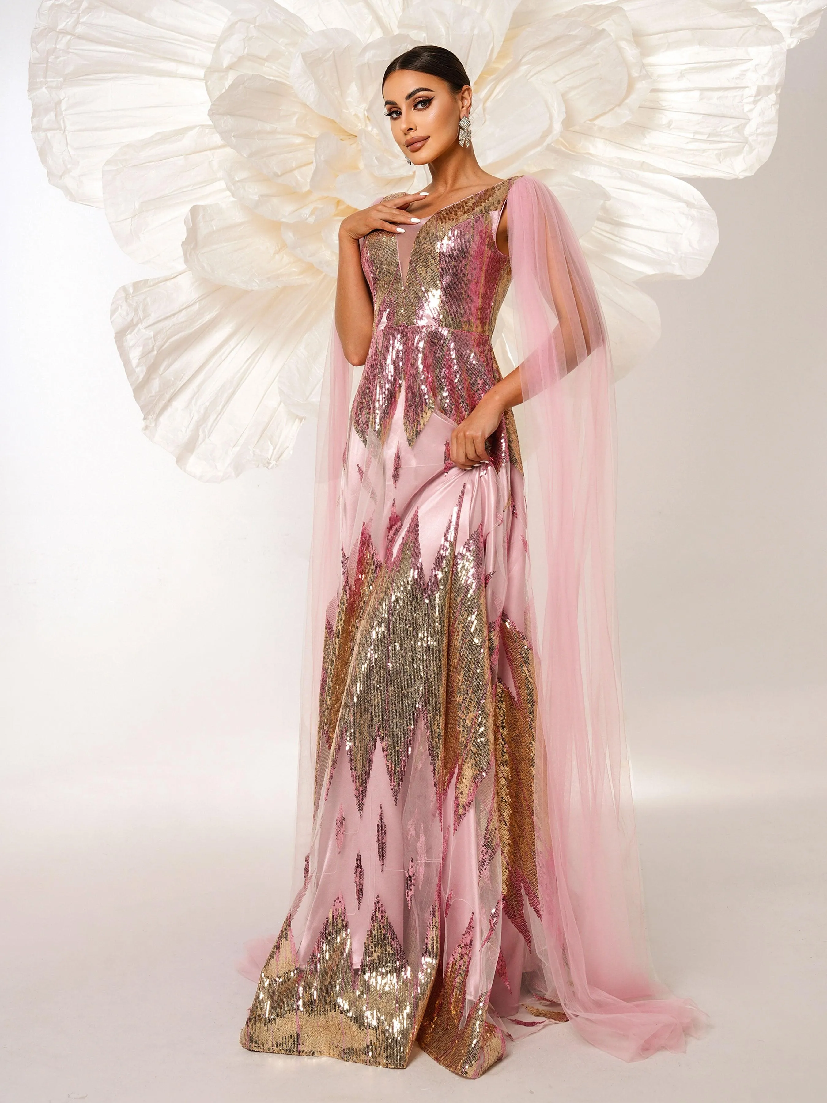 Cape Sleeve Panel Sequin A-line Dress MES00613