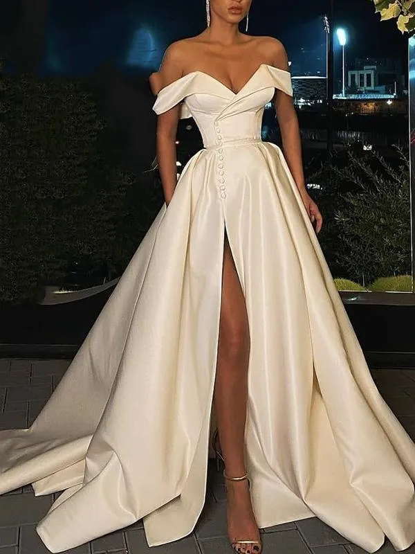 Champagne off shoulder satin long prom dress, evening dress