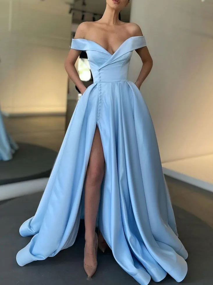 Champagne off shoulder satin long prom dress, evening dress