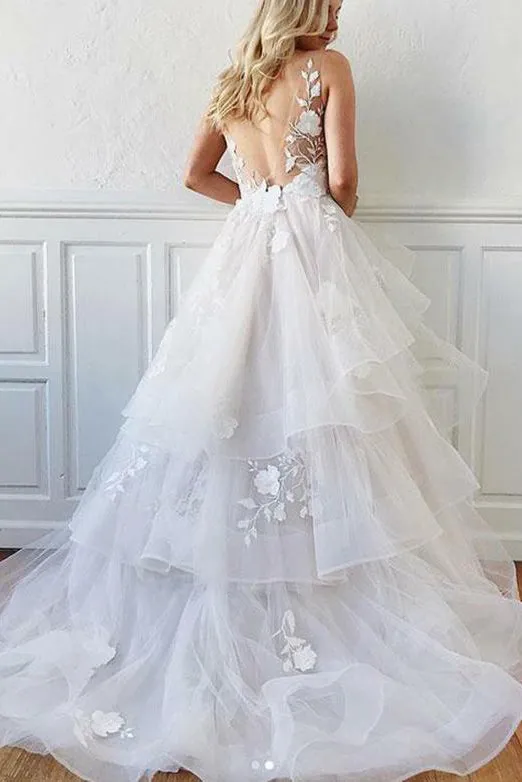 Charming A Line V Neck Sleeveless White Organza Wedding Dresses with Ruffles Appliques OHD109