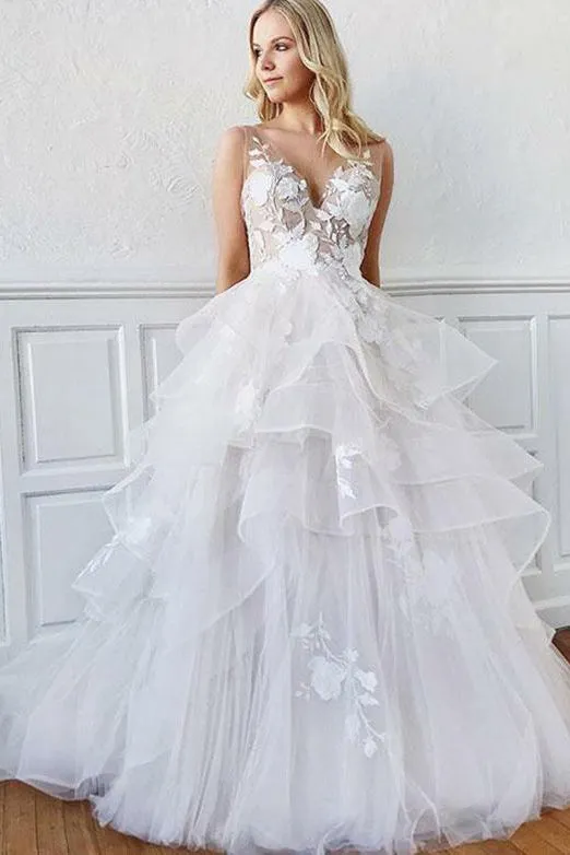 Charming A Line V Neck Sleeveless White Organza Wedding Dresses with Ruffles Appliques OHD109