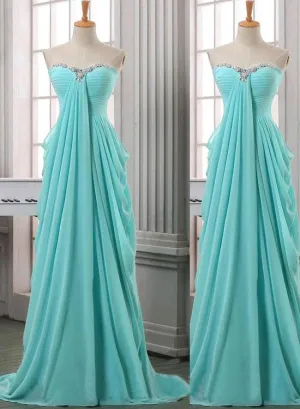 Charming Chiffon Long A-line Prom Dresses, Blue Sleeveless With Beadings Sweep Train Evening Gowns