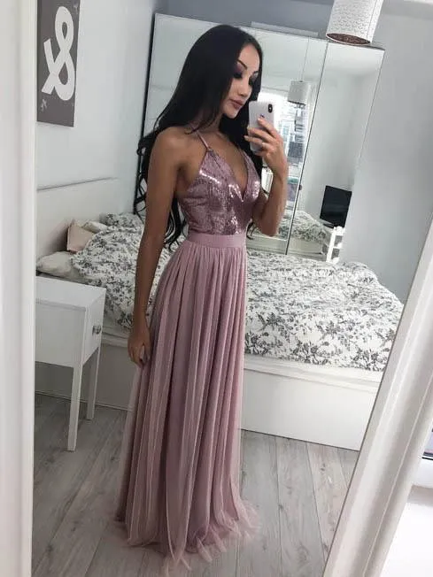 Charming Custom Halter Side Slit Grey Sequin Tulle Long Evening Prom Dresses, QB0370