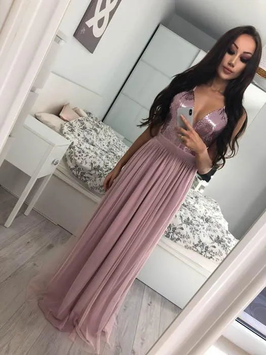 Charming Custom Halter Side Slit Grey Sequin Tulle Long Evening Prom Dresses, QB0370