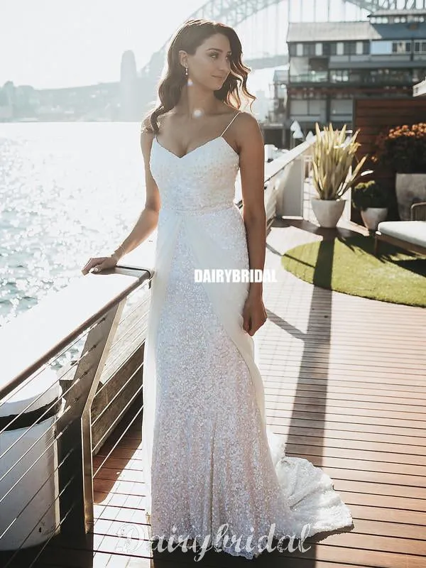 Charming Mermaid Sequin Spaghetti Straps V-neck Sparkle Wedding Dresses, FC3927