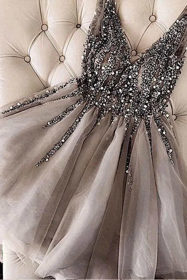 Charming Sequins Beaded V-neck Tulle Short Gray Homecoming Dresses,MH426