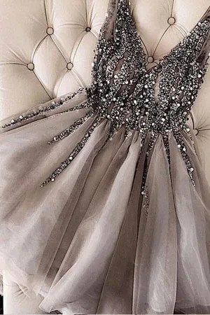 Charming Sequins Beaded V-neck Tulle Short Gray Homecoming Dresses,MH426