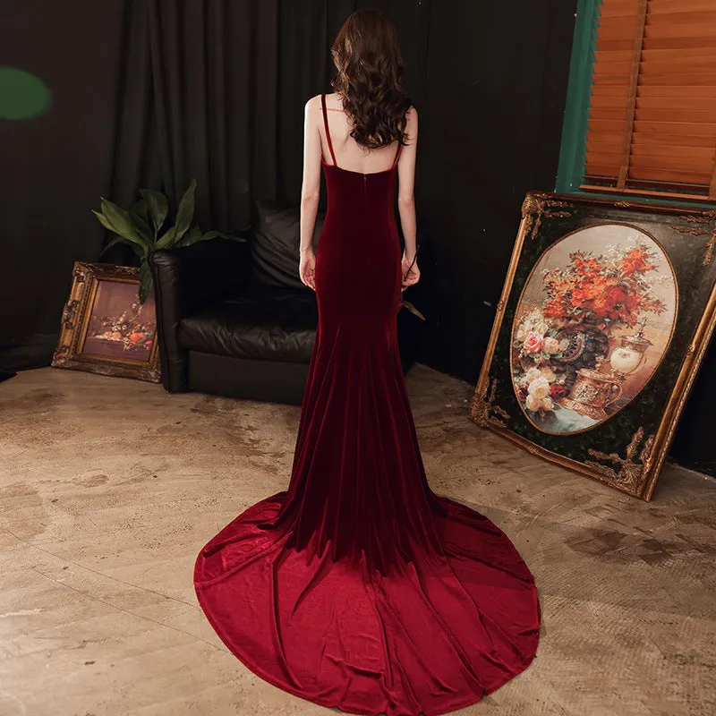 Charming V-neckline Mermaid Velvet Evening Gown Wedding Party Dress, Dark Red Long Prom Dress
