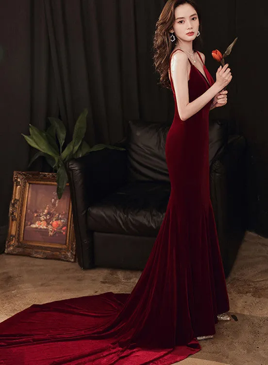 Charming V-neckline Mermaid Velvet Evening Gown Wedding Party Dress, Dark Red Long Prom Dress
