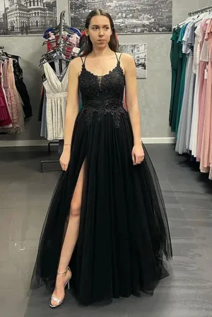 Cheap Black Lace Long Prom Dress V Neck Backless Tulle Formal Dress with Slit