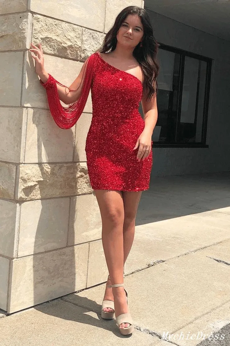 Cheap One Shoulder Short Homecoming Dresses Gold Sequin Hoco Dress