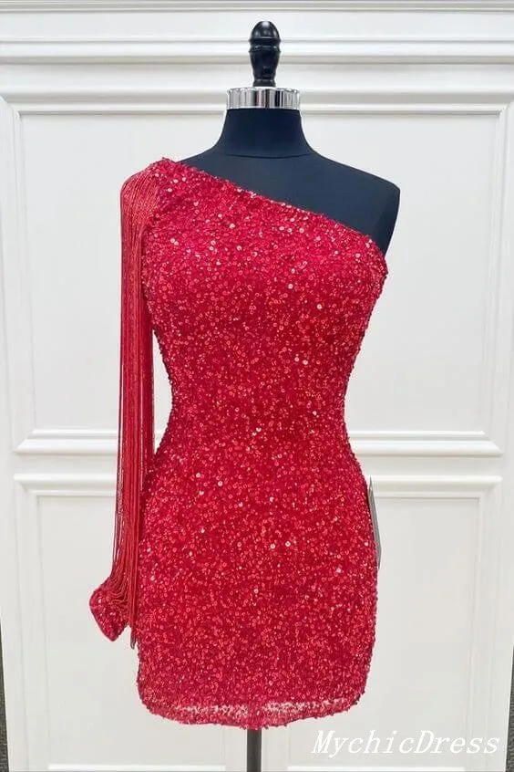 Cheap One Shoulder Short Homecoming Dresses Gold Sequin Hoco Dress