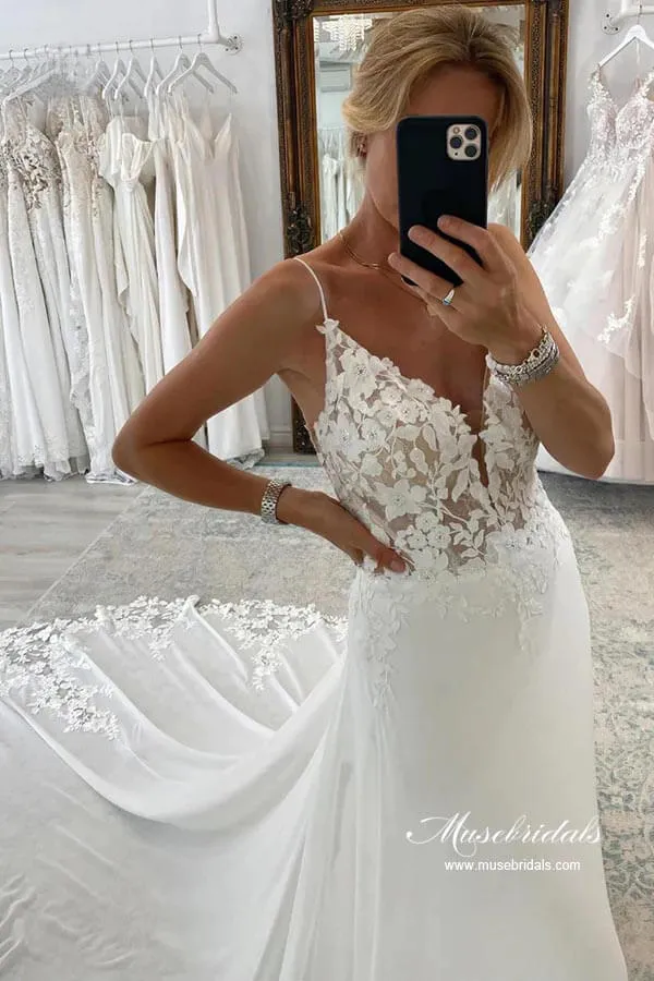 Chiffon A-line Spaghetti Straps Lace Appliques Court Train Wedding Dress, MW893
