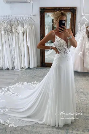Chiffon A-line Spaghetti Straps Lace Appliques Court Train Wedding Dress, MW893