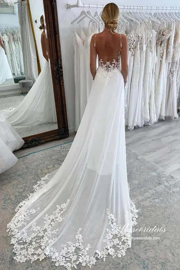 Chiffon A-line Spaghetti Straps Lace Appliques Court Train Wedding Dress, MW893