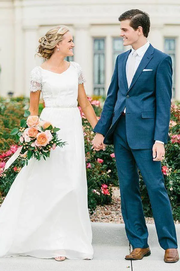 Chiffon A-line V-neck Short Sleeves Wedding Dresses With Beading, MW830