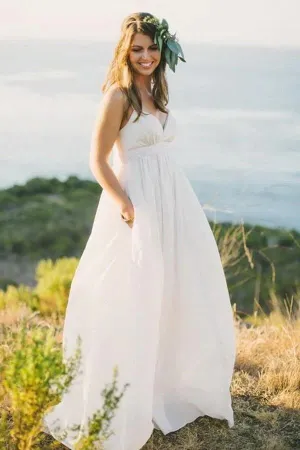 Chiffon A-line V-neck Spaghetti Straps Simple Wedding Dress With Train, MW839