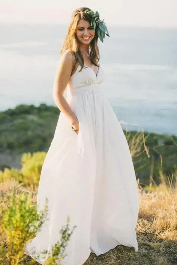 Chiffon A-line V-neck Spaghetti Straps Simple Wedding Dress With Train, MW839
