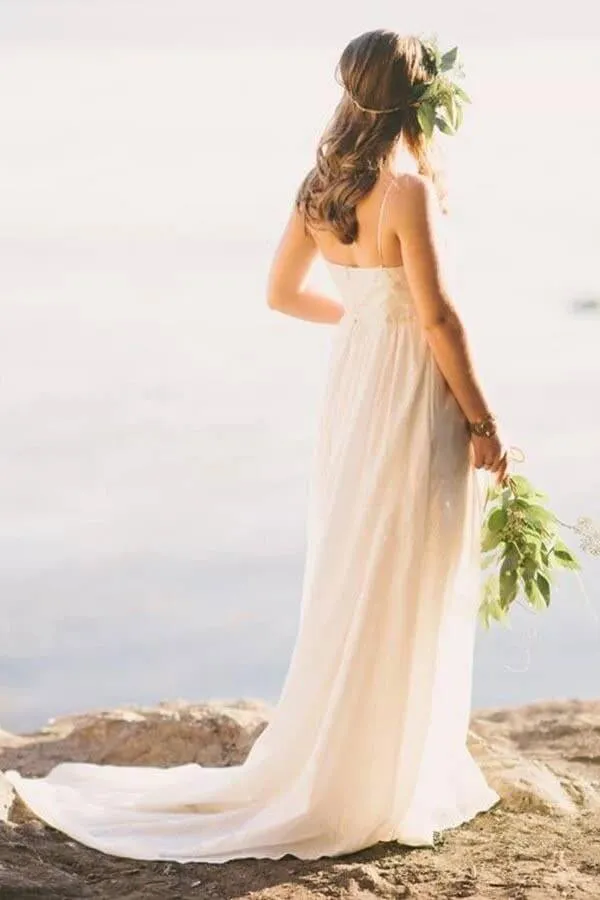 Chiffon A-line V-neck Spaghetti Straps Simple Wedding Dress With Train, MW839