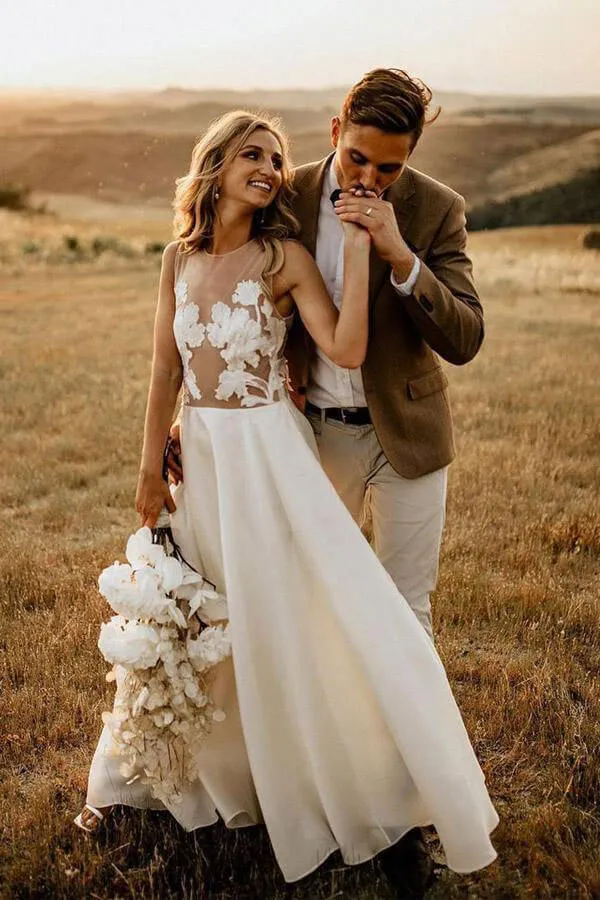Chiffon Floral Lace Round Neck Floor Length Beach Wedding Dresses, MW1001