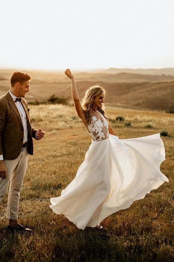 Chiffon Floral Lace Round Neck Floor Length Beach Wedding Dresses, MW1001